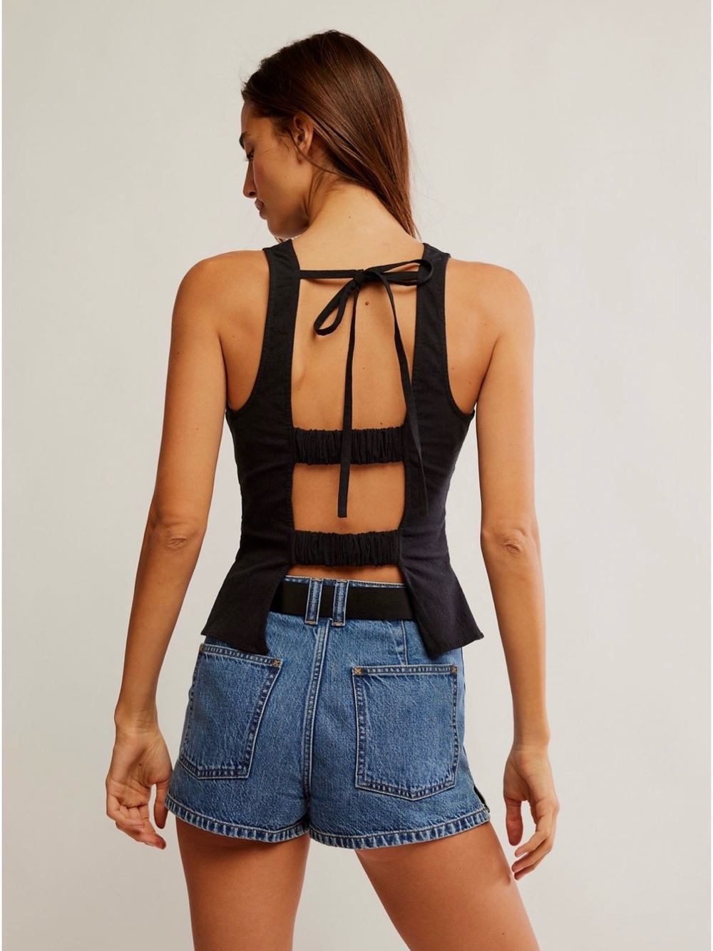 Free People Kaylor Backless Top Black Peplum Tank Cutout Tie-Back Linen Blend - Picture 3 of 11